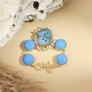 Luxury Blue Druzy & Carved <b>Stone</b> Statement <b>Bracelet</b> – Gold Plated Pearl Designer Handcrafted Jewelry - Product Image 3