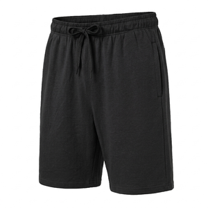 Shorts en jersey de coton noir pour homme avec cordon de serrage à la taille, décontractés, respirants, longueur Bermuda, couleur unie, tissu tricoté - Product Image 1