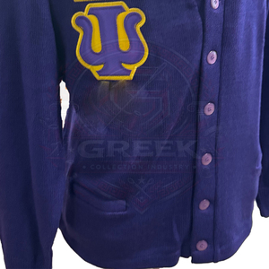 custom fraternity omega OPP <b>cardigan</b> sweater acrylic knitted V-neck purple men's sweater embroidery Greek letter button up front - Product Image 6