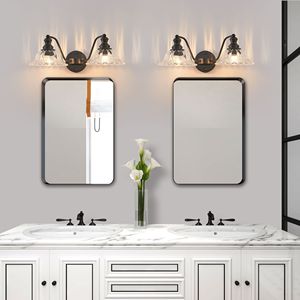 Applique da Bagno Vintage a 2 Luci da 20 Pollici, Elegante Lampada da Parete in Metallo Nero e Vetro - Product Image 3