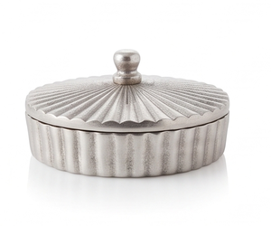 Boîte de rangement de luxe en métal rond cannelé argenté antique pour fruits secs et dates, avec couvercle à bouton rotatif - Product Image 1