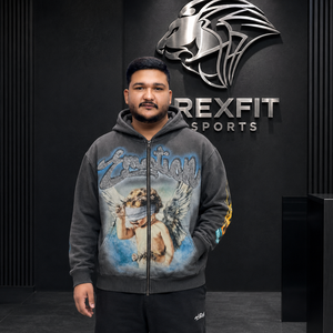 เสื้อฮู้ดซิปเต็มตัวสีเทาฟอกทรงโอเวอร์ไซส์ลายกราฟิกเทวดา สตรีทแวร์ ผ้าฝ้าย 100% หนัก 350 กรัม รับผลิตแบรนด์ส่วนตัว ขายส่ง - Product Image 1