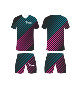 Conjunto de Uniforme de Fútbol Sublimado Personalizado, Diseño de Rayas Diagonales en Negro, Verde Azulado y Rosa, Transpirable, de Secado Rápido, Camiseta y Pantalones Cortos para Equipo de Fútbol - Product Image 1