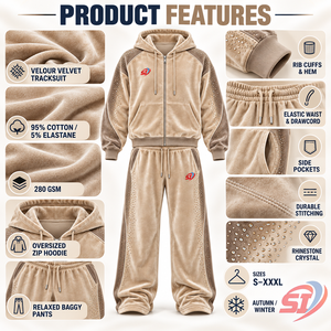 Ensemble de survêtement unisexe en velours de luxe émeraude 280 GSM avec strass, coupe ample, sweat à capuche et pantalon à cordon de serrage pour l'hiver - Product Image 6