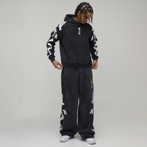 Dragon Printed Stonewashed Joggers Wide Leg Long Streetwear Men's Sweatpants Side Pockets <b>Drawstring</b> Waist Long <b>Trousers</b> - Product Image 3