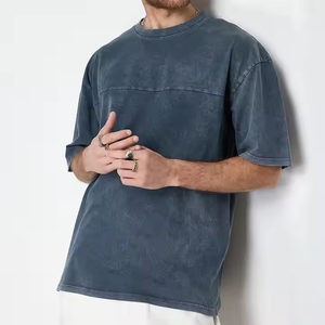 T-shirt à manches courtes en coton vintage, coupe classique, 280 g/m², col côtelé, délavage acide, style streetwear pour homme, poignets bruts, respirant, séchage rapide - Product Image 3
