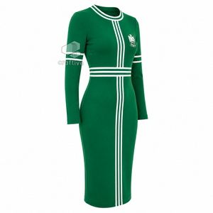 Robe midi moulante verte à manches longues pour femme Iota Phi Lambda avec accents rayés blancs, col rond, grande taille, coupe ajustée, robe décontractée - Product Image 2