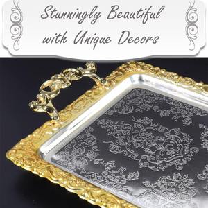 Bandeja para servir té y café al estilo turco con marco de metal dorado y superficie de espejo plateada, ideal para ocasiones especiales y regalos. - Product Image 2