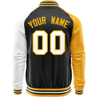 Veste universitaire personnalisée pour homme, noire, jaune et blanche, style baseball, fermeture éclair sur le devant, nom et numéro de l'équipe imprimés, vêtement décontracté pour l'automne
