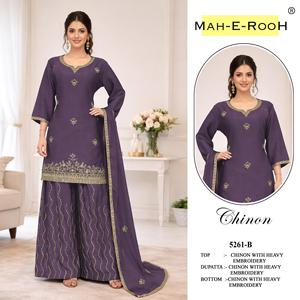 Conjunto de Kurta, Palazzo y Dupatta Listo para Usar, en Chinnon Pesado con Bordado de Lentejuelas, Compre Directamente del Proveedor - Product Image 3