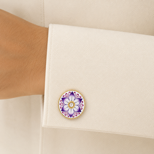 Mancuernillas Hechas a Mano en Latón Chapado en Oro con Diseño de Loto Morado para Hombre, Joyería para Vestimenta Formal - Product Image 3