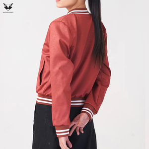 Women's <b>Red</b> Varsity Jacket Full Sleeve Button Up Collar Solid Color Autumn Wear Woven Polyester <b>Material</b> With Own Logo Print - Product Image 2