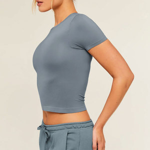 Fitness Clothing Yoga Crop <b>Top</b> T-Shirt High Stretchable <b>Sweat</b> Wicking Solid Color Women's Wear Workout T-Shirt For Sale - Product Image 4