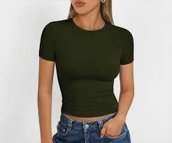 T-shirt vert pour femme, décontracté, écologique, coupe ample, tricot doux, col rond, manches courtes, détail plume décoratif - Product Image 2