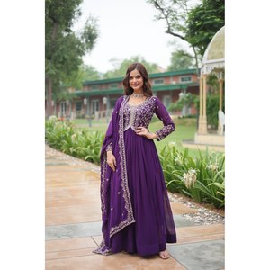 Handmade Multi-Embroidered Gown with Sequins for Party Wear A-Line Silhouette and Empire Waistline - Product Image 5