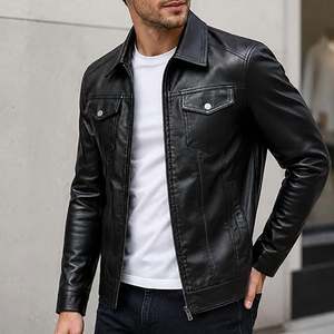 Fleece Lined <b>Men</b> Leather Jacket <b>Thermal</b> Winter Biker Coat Hooded Collar Long Sleeve Heavy Outerwear Embossed Breathable - Product Image 4
