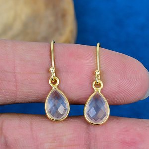 Natural Crystal Quartz Pear Shape Gemstone Drop Dangle Earring Handmade 18k Gold Micron Over 925 <b>Sterling</b> <b>Silver</b> - Product Image 2