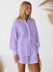 Women Lavender Button Down Shirt <b>and</b> Shorts <b>Set</b> <b>Long</b> Sleeve Turn Down Collar Loose Casual 2 Piece Outfit - Product Image 4