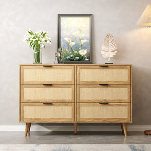 Organisateur de commode en rotin à 6 tiroirs en bois rustique Large commode avec façades en canne tissée - Product Image 6