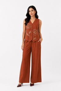 Women's Rust Brown Two Piece Co-Ord <b>Set</b> | Embroidered Sleeveless Waistcoat & Wide Leg Pants - Product Image 2