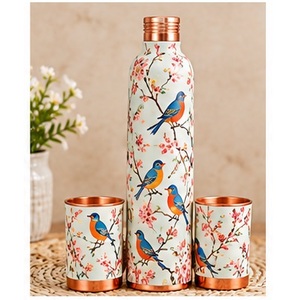Modern Navy Blue Gold Floral Printed <b>Copper</b> <b>Water</b> <b>Bottle</b> with Matching Cups Portable Drinkware for Travel Metal Insulated Set - Product Image 5