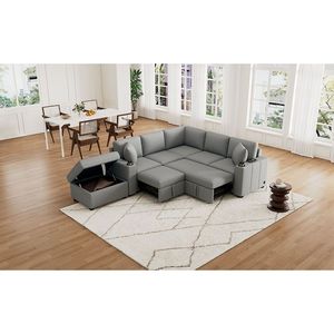 Divano letto convertibile estraibile da 215 cm a forma di L con pouf contenitore mobile, divano componibile a U per soggiorno - Product Image 3