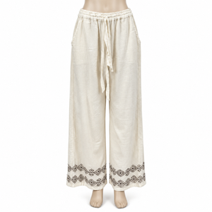 Women’s Cream Embroidered Wide Leg Palazzo Pants | High Waist Elastic Drawstring <b>Trousers</b> With Pockets Lightweight Boho Casual - Product Image 1