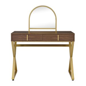 Toeletta in noce e oro con 2 cassetti, specchio e vassoio portagioie per il trucco - Product Image 1
