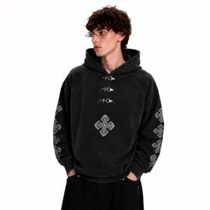 Custom Heavyweight <b>Black</b> <b>Fleece</b> Cross Hoodie Boxy Fit Oversized Streetwear Embroidered Mens Pullover - Product Image 6