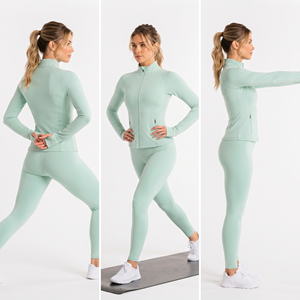Chaqueta de compresión de yoga para mujer al por mayor, de elastano y poliéster, para gimnasio, con orificio para el pulgar, cremallera, teñida y bordada, para fitness - Product Image 5