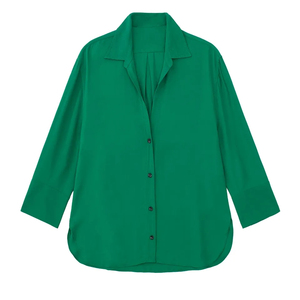 <b>Green</b> Satin Summer Soft Women's Long Sleeve Button-Up Pajama Shirt Lounge Top Sleepwear - Product Image 1