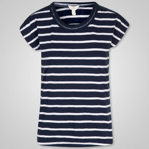 T-shirt à manches courtes rayé bleu marine et blanc pour femme, col rond, coupe classique, tricoté, 100% coton, printemps été - Product Image 2
