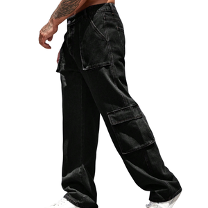 Jean cargo en denim noir uni délavé pour homme, coupe droite à jambe large, multi-poches, en coton, style décontracté, pantalon utilitaire classique - Product Image 5