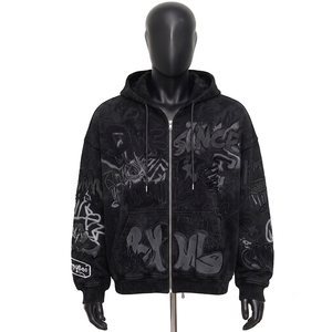 Sudadera con capucha y cremallera completa personalizada, morada, con lavado ácido, estilo oversize, bordado de grafiti, streetwear, de algodón de alto gramaje, OEM - Product Image 4