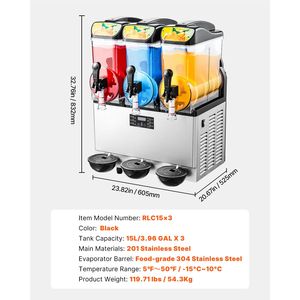 Macchina Professionale per Slushy a Tre Serbatoi da 15L in Acciaio Inox - Capacità 180 Bicchieri - Preparatore di Bevande Congelate per Margarita e Smoothie - Product Image 3