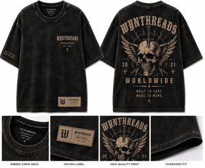 เสื้อยืดคอตตอนโอเวอร์ไซส์ลายหัวกะโหลกสำหรับผู้ชาย แบรนด์ WYNTHREADS สไตล์สตรีท แขนสั้น คอกลม พิมพ์ลาย - Product Image 1