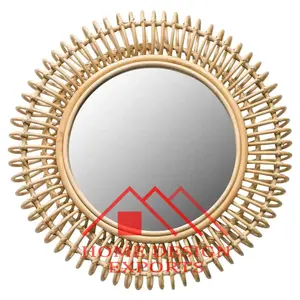 Pekerjaan buatan tangan bingkai rotan dekorasi dinding cermin untuk dekorasi ruang tamu 2023 desain tren bulat Sunburst dekorasi dinding cermin