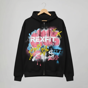 Sweat à capuche zippé Rexfit Sports personnalisé, effet délavé, en molleton épais, style streetwear, avec impression DTG, OEM, fermeture éclair intégrale. - Product Image 1