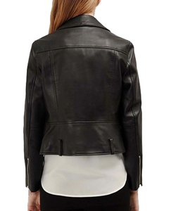 Custom Black Cropped <b>Biker</b> <b>Jacket</b> for Women Waterproof Breathable Genuine <b>Leather</b> Long Sleeve Front Zipper Winter Spring - Product Image 2