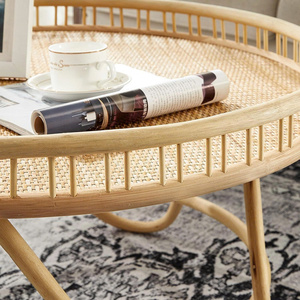 <b>Round</b> Rattan Coffee <b>Table</b>, 32'' Wicker Boho Hand-Woven Top, Modern Unique Farmhouse <b>Tray</b> Top Center <b>Table</b> for Living Room - Product Image 3