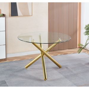Tavolo da Pranzo Moderno 110X110X75CM Dorato con Gambe in Metallo e Piano in Vetro, Tavolo Salvaspazio per Cucina e Soggiorno - Product Image 1