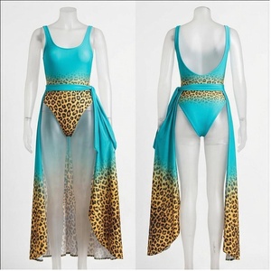 Maillot de bain une pièce pour femmes, imprimé léopard, dégradé bleu, bikini asymétrique drapé avec bas de string, vêtements de plage en spandex extensible - Product Image 1