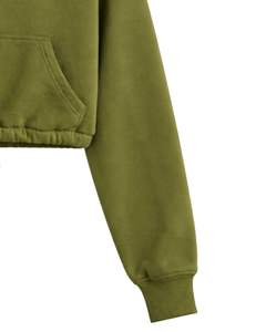Sudadera con capucha corta de forro polar verde oliva con cremallera de un cuarto, bolsillo canguro, dobladillo con cordón ajustable, estilo casual urbano, cálida, para mujer - Product Image 6