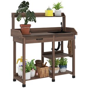 Dark Brown Wooden Potting Bench Table Removable Sink Faucet Drawer Outdoor Garden Work Station Featuring Iron <b>Shelves</b> <b>Hooks</b> Mall - Product Image 1