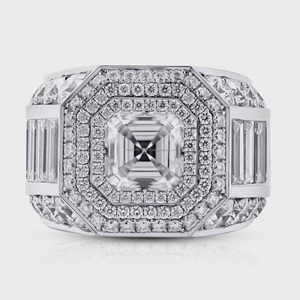 Anillo de compromiso con halo de moissanita y diamantes talla Asscher, baguette y redondos, estilo hip hop, de plata de ley 925, joyería para rapero. - Product Image 1