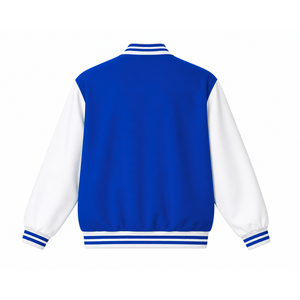 Chaqueta de carreras personalizada de la hermandad Zeta Phi Beta con logo bordado, estilo letterman azul y blanco para mujer con forro de poliéster. - Product Image 3