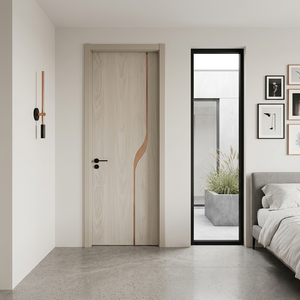 Puerta Interior Moderna de Madera de Teca con Chapa de Madera, Resistente a la Humedad, Ignífuga, Material MDF Sólido, Puerta de Madera Maciza - Product Image 2