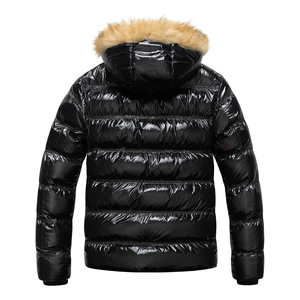 Men's Black Hooded Puffer Jacket With <b>Fur</b> <b>Trim</b> Windproof Zipper Closure Casual Winter Down Filled Regular Fit Solid Color OEM - Product Image 3