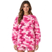 Ensemble 2 pièces surdimensionné pour femme, sweat-shirt à col rond et short à imprimé animal rose, tenue décontractée ample à manches longues
