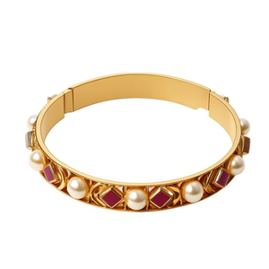 Laxmi Gold Plated <b>Copper</b> Bridal Cuff <b>Bangles</b> with Pearl and Emerald Cut Accents - Product Image 1